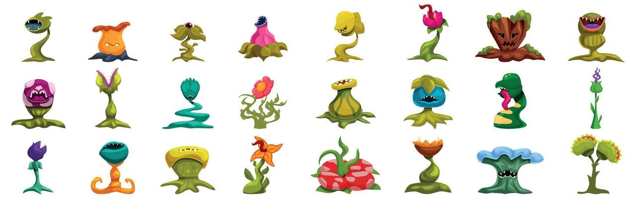 Monster plants icons set. Collection of colorful fantasy carnivorous plants