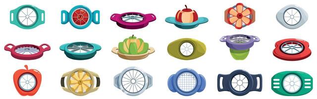 Apple cutter icons set. Apple slicers and corers cutting apples into equal pieces vector