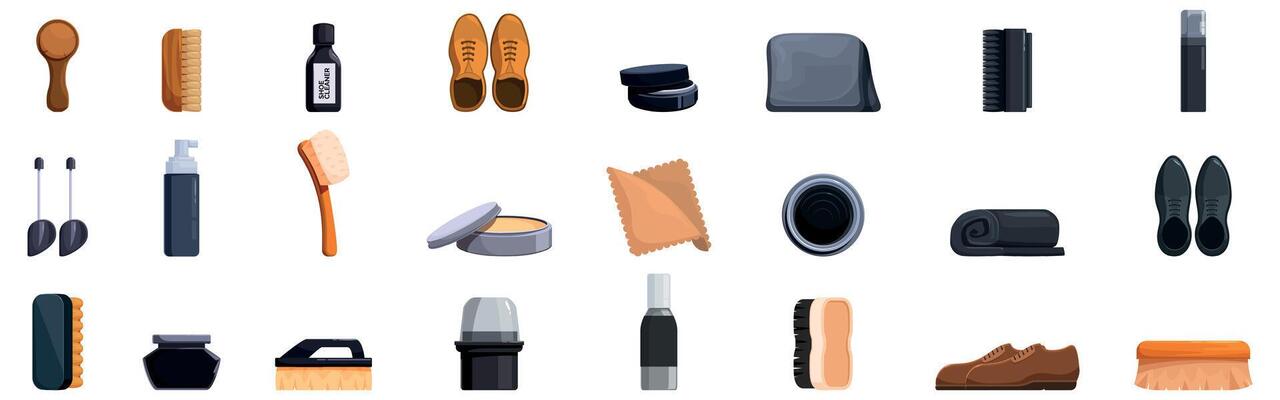 Shoe cleaning icons set. Shoe care kit essentials for maintaining and polishing footwear