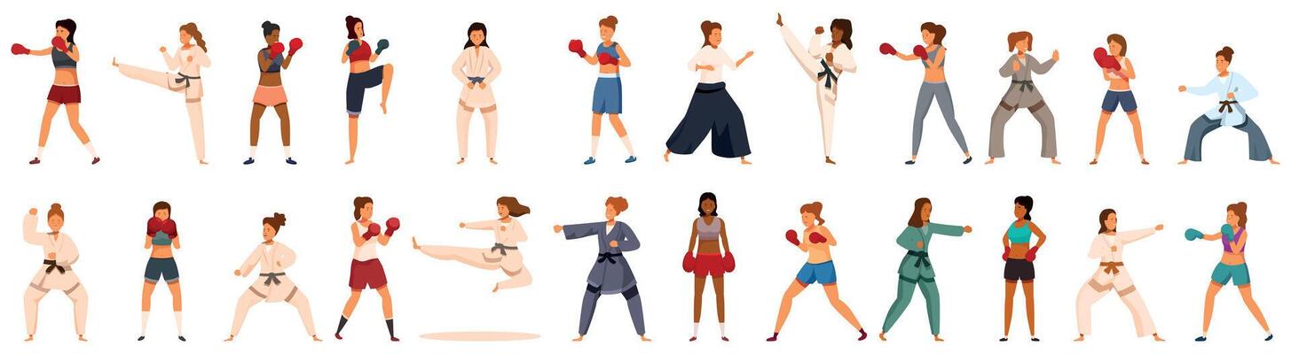 Woman fighter icons set. Diverse women engaging in martial arts and boxing