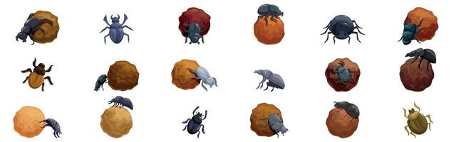 Dung beetle icons set. Dung beetles rolling and pushing balls of dung vector