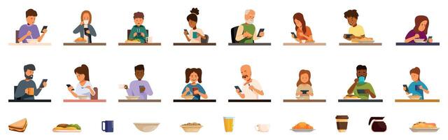 Breakfast smartphone icons set. People having breakfast and using smartphones at the same time vector