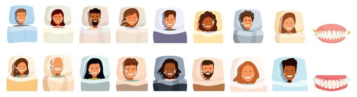 Bruxism icons set. Patients grinding teeth at night while sleeping, bruxism concept vector