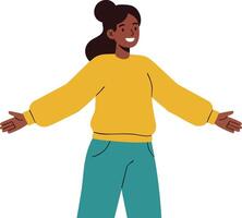 Woman in yellow sweater with open arms smiling in casual pose illustration vector