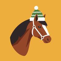 Horse wearing green and white winter hat with pompom on yellow background illustration vector