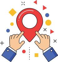 Location pin icon with two hands pointing at red map marker and colorful geometric shapes illustration vector
