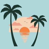Sunset with palm trees and birds over calm ocean waves in tropical landscape illustration vector
