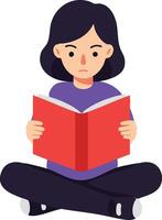 Girl sitting cross-legged reading red book focused on study and learning illustration vector