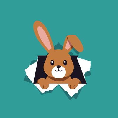 Cute brown bunny peeking through torn paper hole with teal background illustration