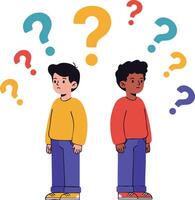Confused boys with colorful question marks showing uncertainty and doubt in thinking process illustration vector