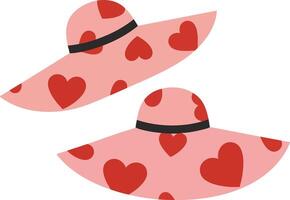 Pink wide brim hats with red heart patterns accessory for romantic occasions and summer fashion style vector