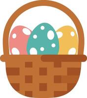 Easter basket with colorful spotted eggs in brown wicker container for spring celebration and decoration illustration vector