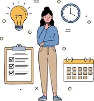 Woman planning schedule with checklist calendar clock and idea light bulb illustration for productivity and organization vector