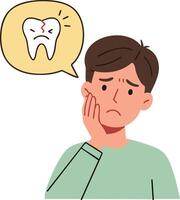Man with toothache holding cheek and thinking about damaged tooth pain illustration vector