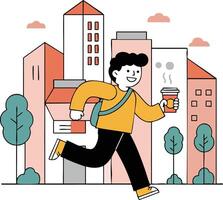 Young man running with coffee cup in cityscape background with trees and buildings illustration vector