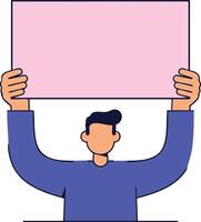 Man holding blank pink sign with both hands in simple illustration style for message display vector