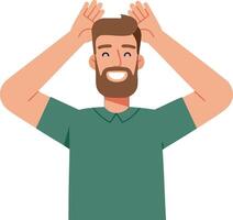 Smiling man making playful gesture with hands on head wearing green shirt illustration vector