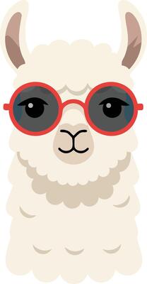 Llama with red sunglasses cool cute animal portrait illustration in white and beige colors