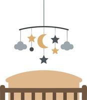 Baby crib with hanging stars moon and clouds nursery mobile in soft neutral colours illustration vector