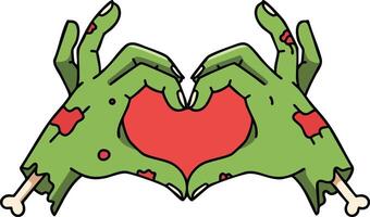 Zombie hands forming heart shape with red heart symbol illustration for Halloween and horror themes vector
