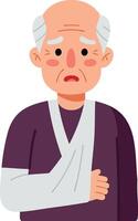 Elderly man with arm sling showing injury and sadness in simple illustration style vector