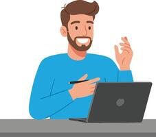 Young man working on laptop computer with pen in hand and happy expression in casual blue sweater vector