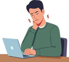 Man experiencing neck pain while working on laptop computer green sweater illustration vector