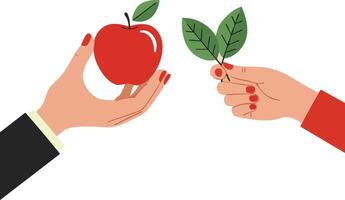 Hands exchanging red apple and green leaves illustration with natural elements and interaction concept vector