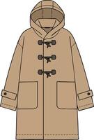 Hooded toggle coat illustration with large pockets and buttoned cuffs in beige color for winter fashion wear vector