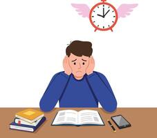 Stressed student studying with open book and flying clock symbolizing time pressure and anxiety illustration vector