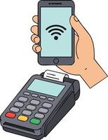 Hand Holding Smartphone with Contactless Payment Near Card Reader Terminal Illustration vector