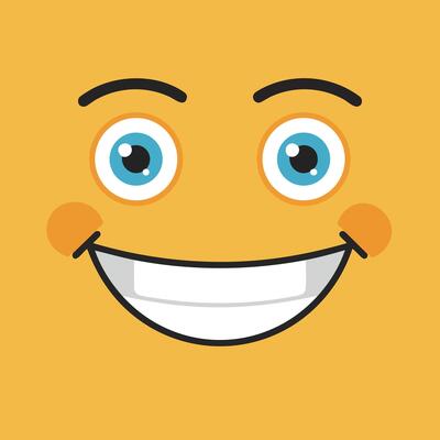 Smiling emoji face with bright blue eyes and cheerful expression on yellow background illustration