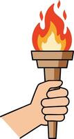 Hand holding flaming torch with vibrant orange and yellow fire in simple illustration design vector