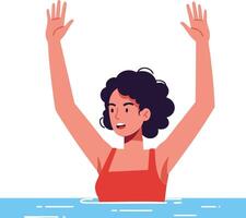 Woman with raised hands swimming in water illustration showing active movement and expression vector
