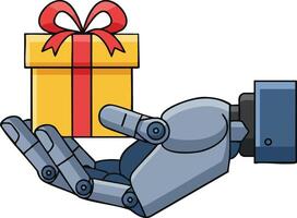 Robot hand holding yellow gift box with red ribbon and bow illustration for technology and celebration concepts vector