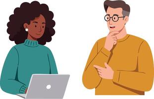 Two diverse people discussing ideas with laptop and thoughtful expression for teamwork and collaboration vector