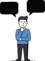 Thoughtful young man standing with two empty speech bubbles above head in decision making concept illustration vector