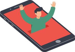 Person emerging from smartphone screen concept illustration for digital communication and technology interaction design vector