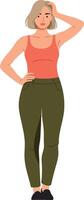 Young woman standing casually with hand on head in sleeveless top and green pants illustration vector