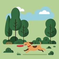 Dog playing with frisbee in green park with trees and bushes under blue cloudy sky illustration vector