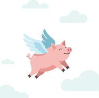 Flying pig with blue wings soaring above clouds in cartoon style illustration vector