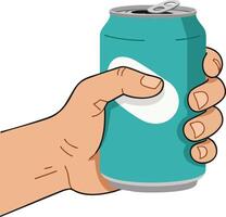 Hand holding turquoise drink can with pull tab illustration for beverage design and refreshment concept vector