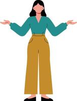 Woman with teal blouse and mustard pants standing with open arms illustration vector