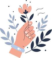 Hand holding flower with blue and pink leaves simple illustration in minimal style vector