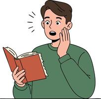 Young man reading book with surprised expression holding an open novel illustration in green sweater vector