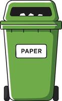 Green paper recycling bin with wheels and lid for waste sorting and environmental cleanliness illustration vector