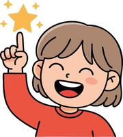 Happy child pointing to shining yellow star with excitement and joy in cartoon style vector
