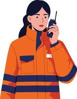 Female emergency responder in orange and navy uniform using handheld radio communication device illustration vector