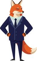 Fox character in business suit standing confidently with hands on hips illustration in professional style vector