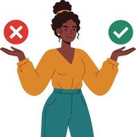 Woman weighing right and wrong choices with red cross and green check marks illustration vector